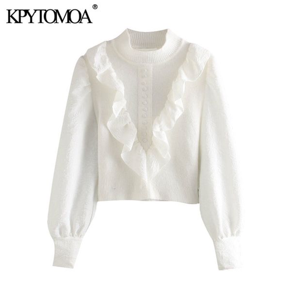 

women fashion patchwork ruffled knitted sweater vintage high neck lantern sleeve female pullovers chic 210420, White;black