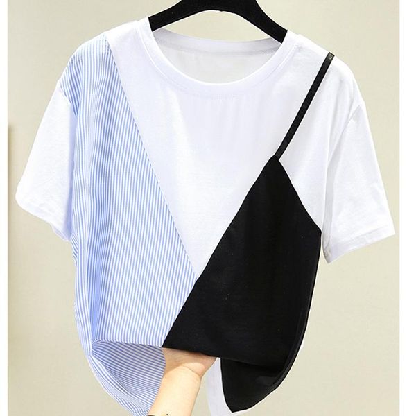

women's t-shirt ljsxls summer loose o-neck cotton t shirt women color contrast patchwork short sleeve tee white casual female 2021