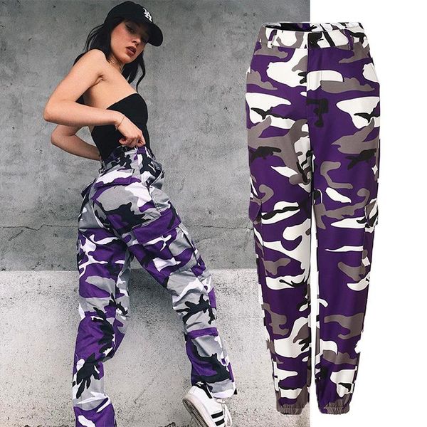 

women's pants & capris women camo cargo trousers vintage track hight waist ankle-length streetwear camouflage sweatpants pink purple s-, Black;white