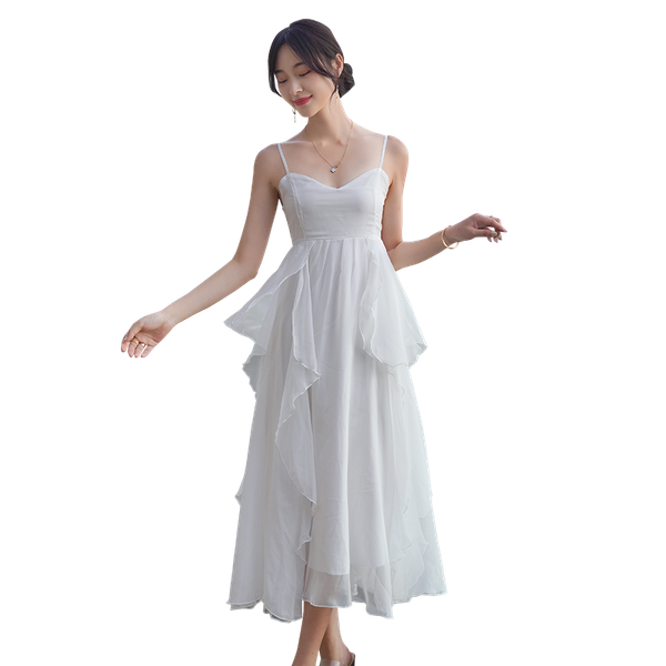 

casual dresses 2021 women beach dress spaghetti strap retro sling skirt big swing susmer mori girl sweet holiday white, Black;gray