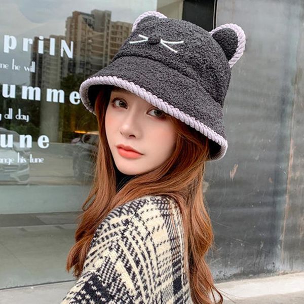 

women winter plush bucket hat with cute cat ears flat hats soft animal printed warm outdoor, Black;white