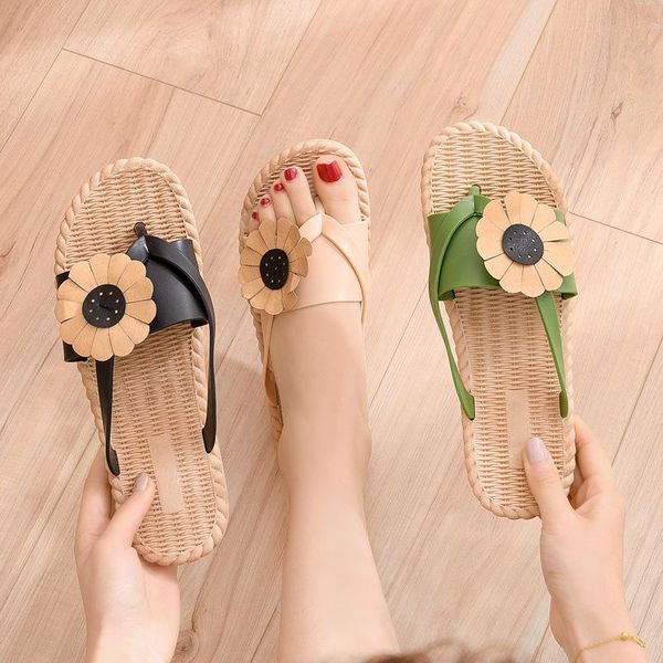

slippers summer flip flops ladies ins tide wear non-slip flat-bottomed feet flowers fashion sandals all-match beach shoes, Black