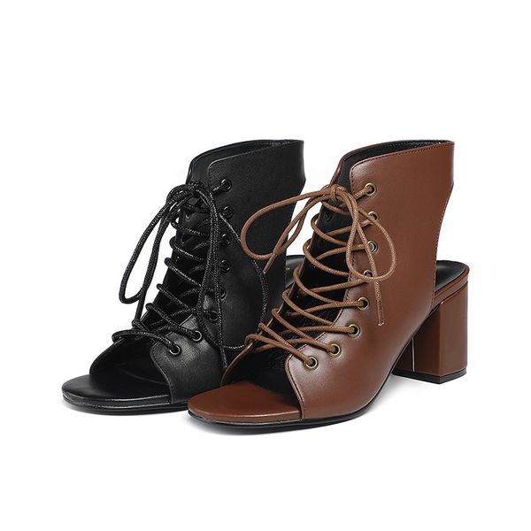 

designer women sandals leather ladies peep-toe high-heeled shoes 100% cattlehide rome lace-up martin boots british style open-toed autumn fe, Black