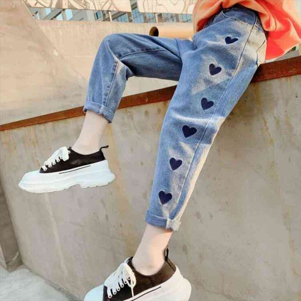 

110-170cm childrens spring and autumn love embroidery jeans girls fashion casual trousers girls pants, Blue