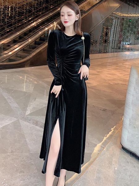 

casual dresses women autumn dress black velvet drawstring vestidos 2021 long sleeve designer brand fashion party robe, Black;gray