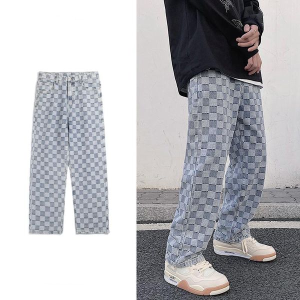 

men's jeans 2021 fashion plaid hip hop hi street pants cashew flower printed denim trousers loose fit harajuku plus size -5xl, Blue