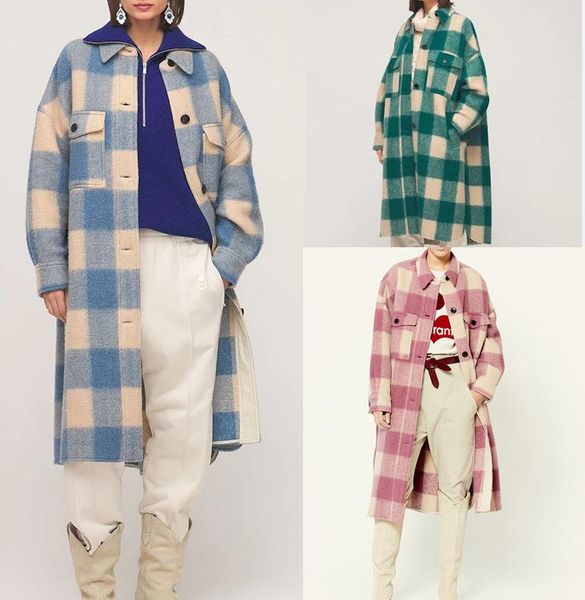 

women's wool & blends autumn and winter 21 french lapel straight tube grid contrast color coat single breasted loose medium long woolen, Black