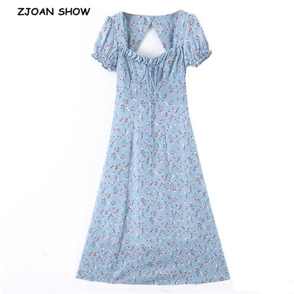 

french floral print puff sleeve vintage dress retro women square collar back slit midi long korea dresses vestidos 210429, Black;gray