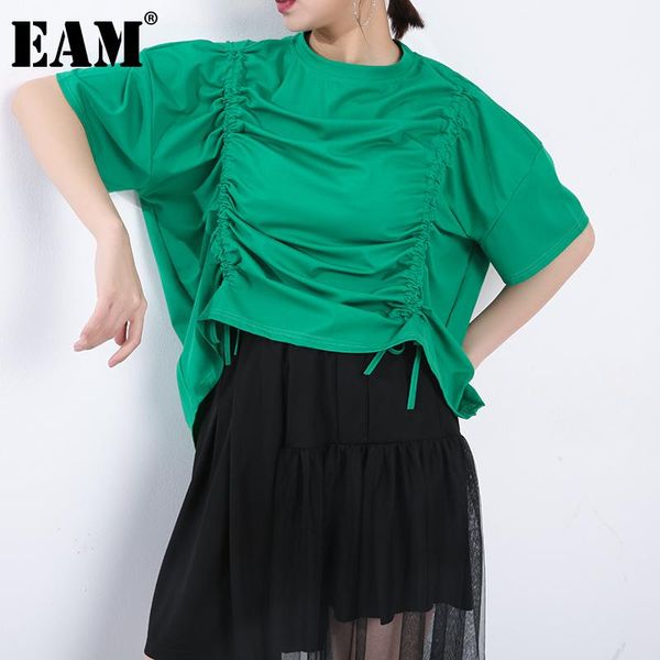 

women's t-shirt [eam] women green irregular drawstring cross round neck short sleeve fashion tide spring summer 2021 1dd843706, White