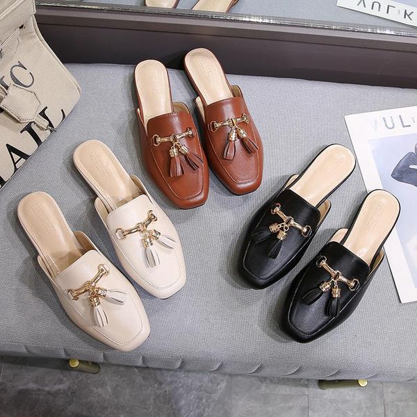 

slippers black ladies flat mules sheepskin lining shoes tassel spring