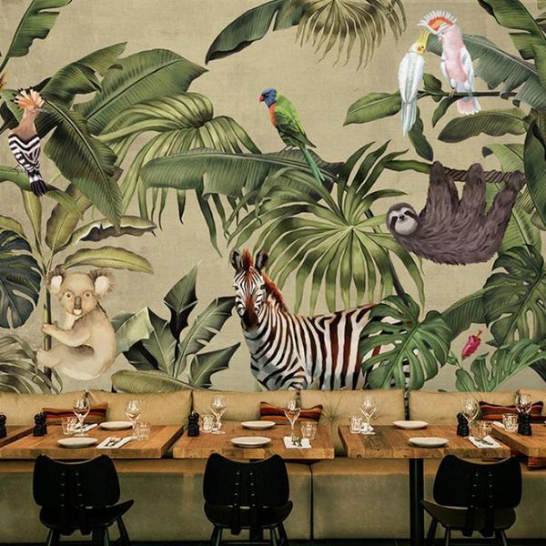 

custom size tropical rainforest wallpaper mural southeast asian plants hand-painted dining room bedroom parrot monkey forest wallpapers