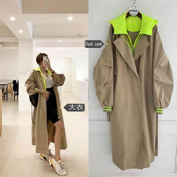 

korean style long sleeve loose female hooded long coat women oversized trench coat retro frock windbreaker, Tan;black
