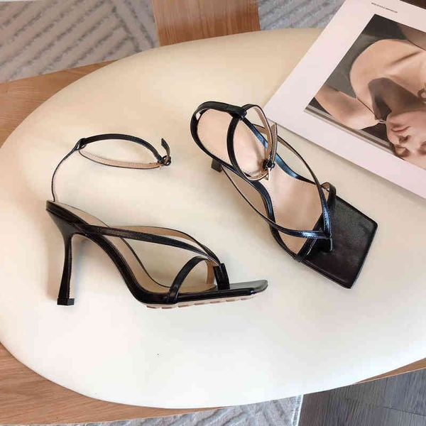 

sandals 2022 summer sandals high heels thin band combination women's one-way buckle multi color stitching designer slippers ladies part, Black