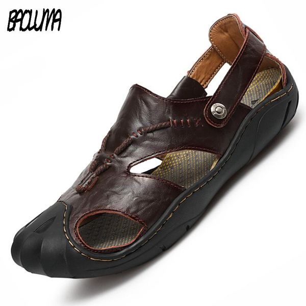 

sandals summer men's leather beach brand men casual shoes genuine sneakers slippers flip flops, Black