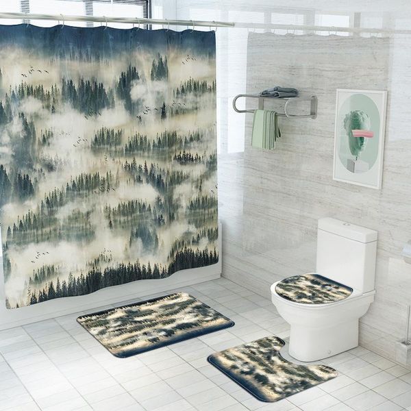 

bath mats toilet bathroom rug set 3 piece and waterproof shower curtain scenic printed soft non slip rugs carpet