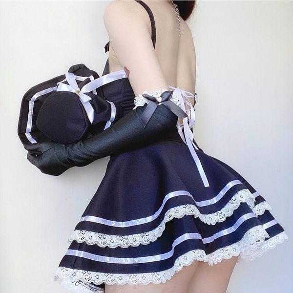 

lolita maid cosplay costumes cute black nightdress and thong anime school girl gothic outfit for woman with hat and glove, Red;black