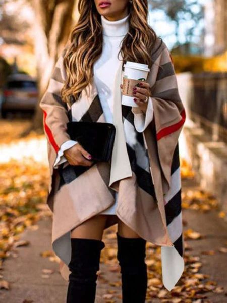 

casual dresses plaid cloak dual purpose woollen scarf coat shawl girl, Black;gray