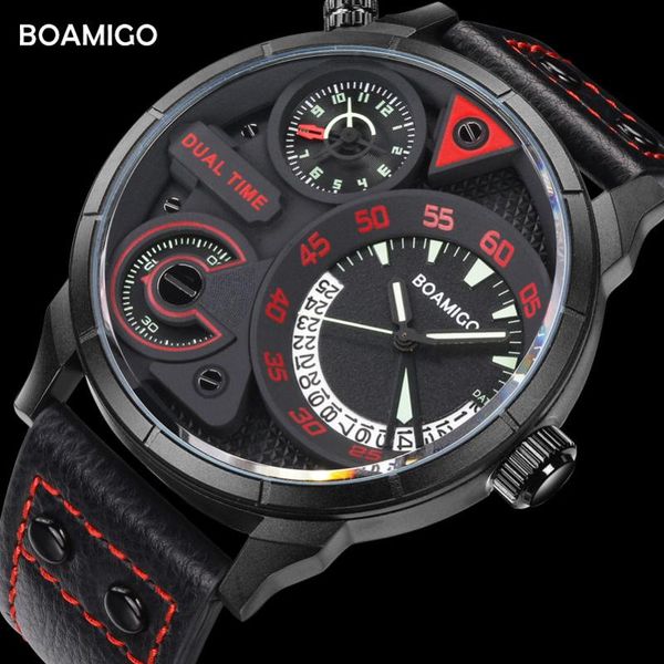 

wristwatches boamigo dual time fashion men sport quartz watch leather strap waterproof relogio masculino, Slivery;brown