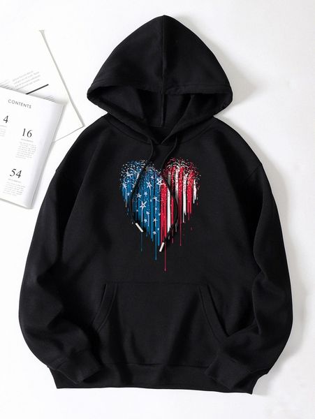 

star & heart print kangaroo pocket drawstring thermal hoodie l49b#, White;black