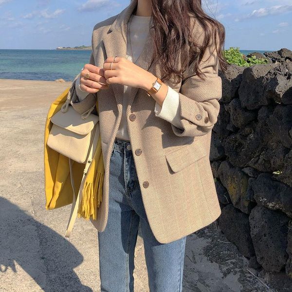 

women's suits & blazers women 2021 fashion office wear single breasted herringbone blazer coat vintage long sleeve pockets female outer, White;black