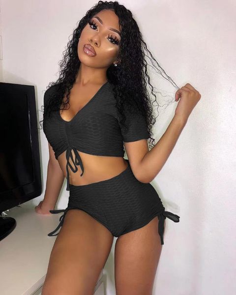 

shorts set women's casual fashion v-neck solid color pleated fitness sports running two piece suit yoga outfit