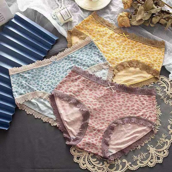 

lingerie girl pattern cotton breathable bacterial bottom crotch girl's middle waist hip lace side triangle underwear girl, Black;pink