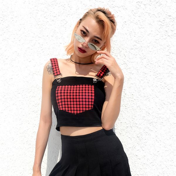 

tooling pocket vest summer fashion europe and america women's short plaid workwear camisole, White