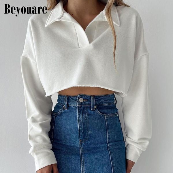 

women's hoodies & sweatshirts beyouare casual sweatshirt turndown collar long sleeve slim solid cropped pullover autumn student style, Black