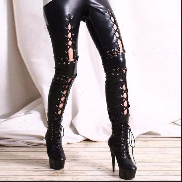 

women gothic womens pants faux leather elastic leggings hollow out lace up pu leggins lady fetish black punk rock, Black;white