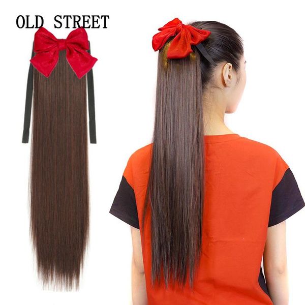 

synthetic wigs bowknot ponytail hair for women 24inch long straight pony tail clip in hairpiece head accessories, Black