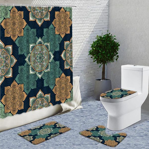 

shower curtains classical ethnic pattern curtain fabric bathroom 4 pieces set hook geometry printing bath toilet carpet mat rug