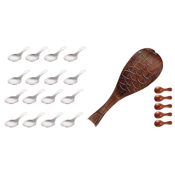 

spoons 2set short handle mini salt with wood rice paddle serving spoon