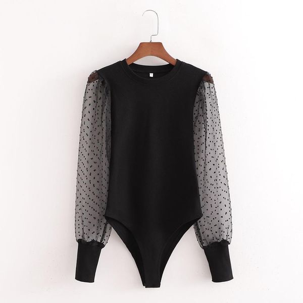 

women bodysuit contrast mesh long puff sleeves fashion chic lady ins style bodysuit vestidos femme robe 210420, Black;white