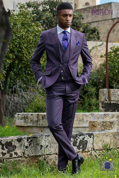 

men's suits & blazers custom made groomsmen dark purple groom tuxedos peak lapel men wedding man bridegroom (jacket + pants vest ), White;black
