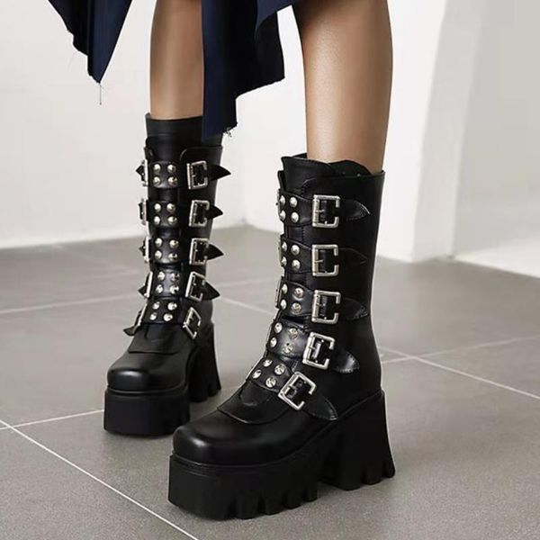

boots 2021 winter rivet fashion platform women's women buckle strap high heel punk rock motorcycle biker large size, Black