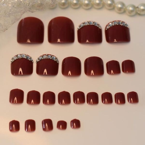 

false nails 24pcs toe decorations full cover acrylic fake foot dark red toenails with rhinestone, Red;gold