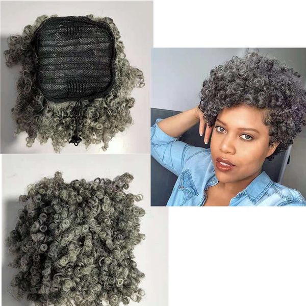 Brazilian Natural Cinza Caçoso Cabelo Cinzento Cinzento Cinzento Clipe em Cabelo Humano Kinky Curly Sal e Pimenta Destaques Cinza Pony Cauda Extensão 120G