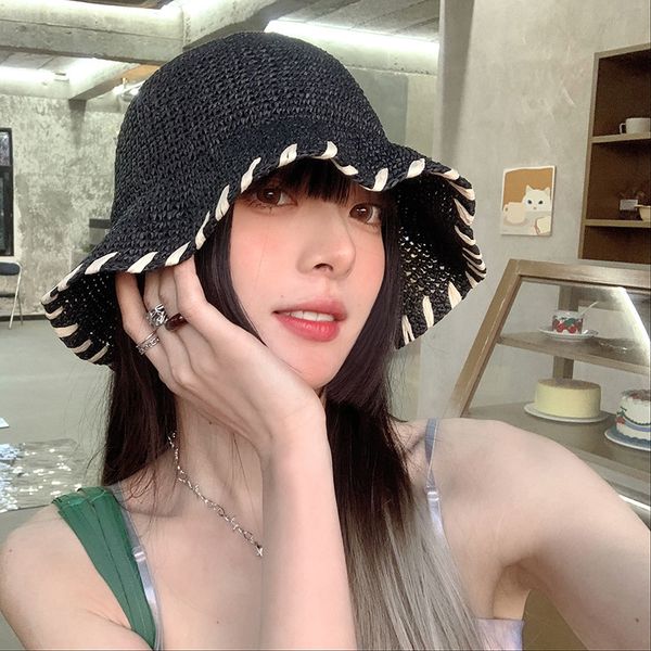 

summer anti ultraviolet big brim straw hat sewing knitting outdoor vacation beach hat sun protection cover face sun protection hat female, Blue;gray