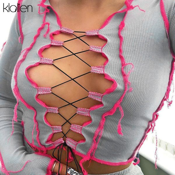 

t shirt hollow out bandage female street casual patchwork kpop t shirt women fashion slim wild cool ladies, White