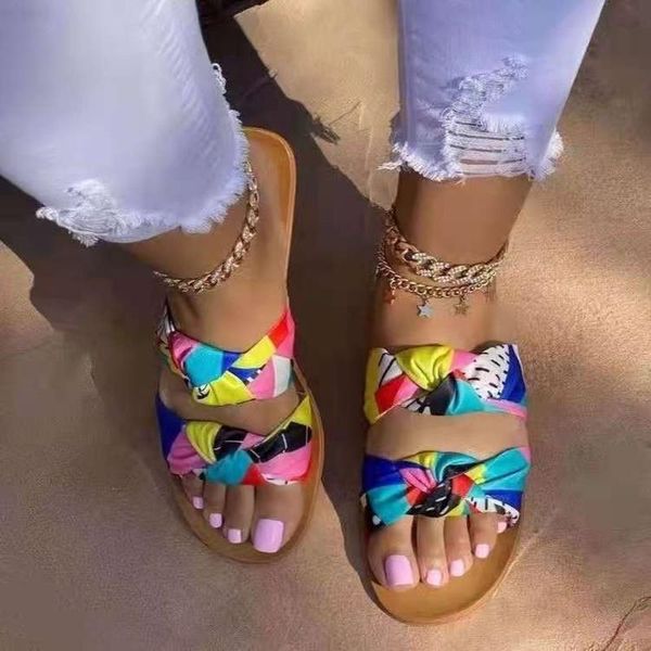 

slippers 2021 women print knot female colorful fashion summer slides ladies casual flat women's beach leisure shoes plus size, Black
