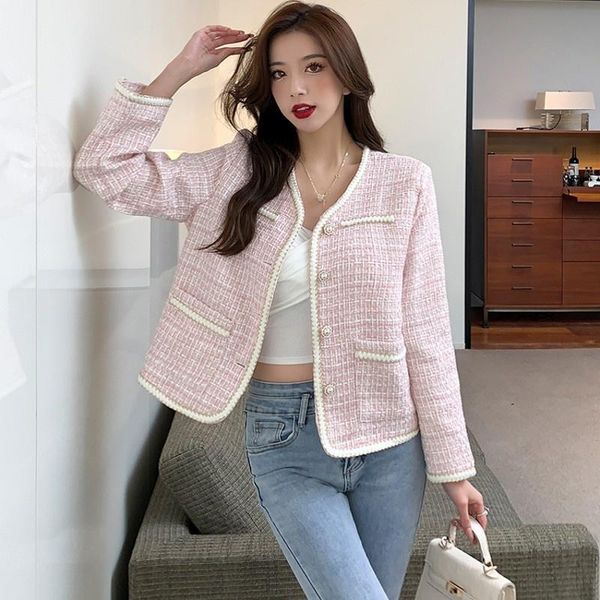 

women's jackets runway fall winter plaid tweed short jacket elegant sweet blouse single breasted weave female coat outerwear, Black;brown
