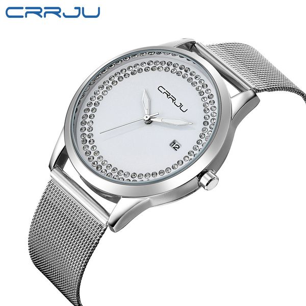 

crrju diamond quartz women watch fashion casual mesh stainless steel watches ladies wristwatch relogio feminino clock 210517, Slivery;brown
