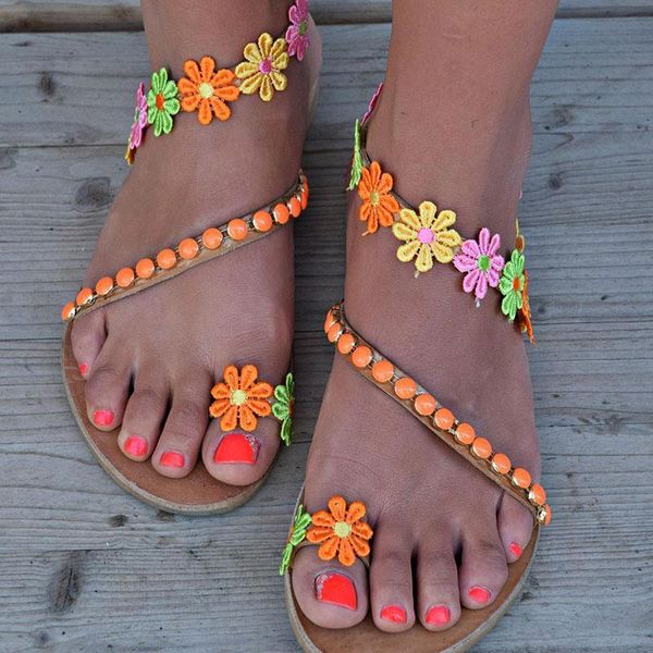 

summer shoes woman flats sandals female sweet colorful flower girl flat toe beach plus size 40-43 beads, Black