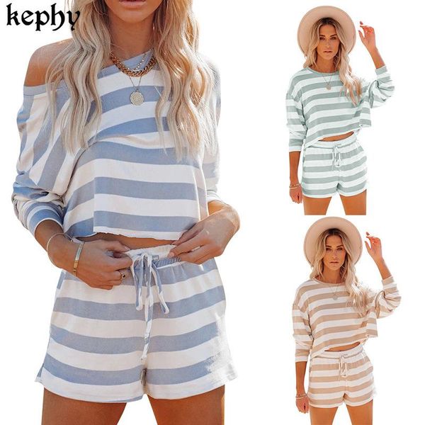 

women sweater strip print long sleeve t shirt with shorts sports leisure suit 2 piece sets casual clothing for summer women's tracksuit, Gray