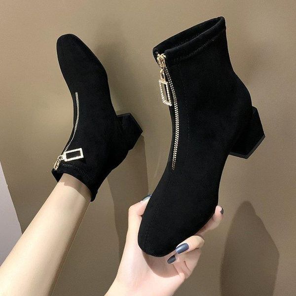 

boots 2021 faux suede ankle women chunky heeled plush shoe woman chic shoes lady boot zapatos de mujer zip, Black