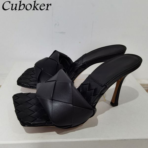 

brand runway slippers cross woven square toe thin high heels leather slides summer party dress shoes for women mujer 80% off outlet online s, Black