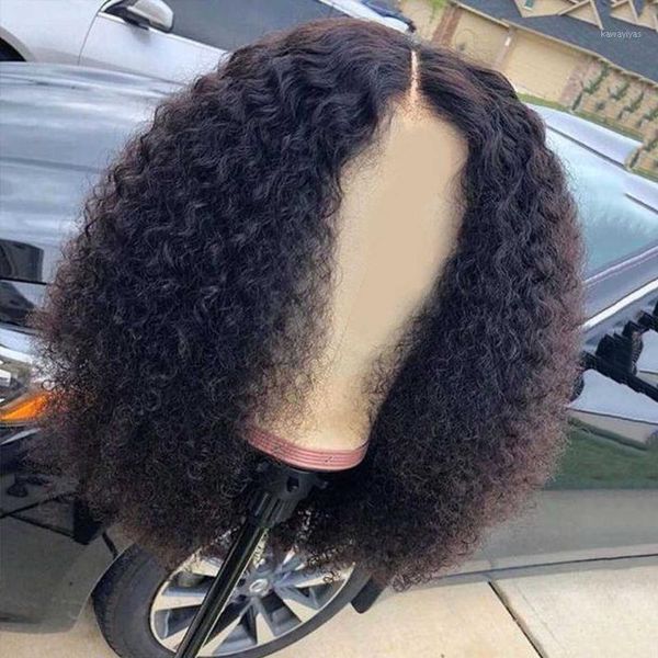

4x4 short bob wig 150% kinky curly lace front human hair wigs remy pre plucked closure natural color for black women1, Black;brown