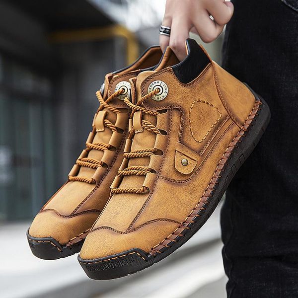 

boots men male man plus size ankle autumn flats matin shoe mens lace up pu leather zapatos de hombres personlizar m0666, Black