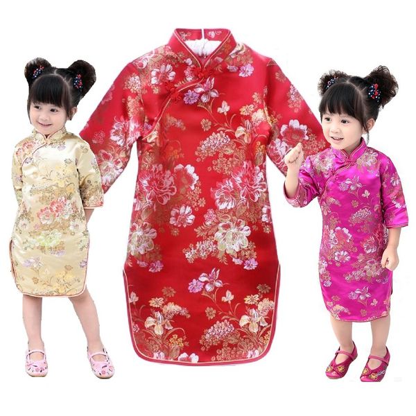 

peony rose baby girls qipao dress chinese spring festival tribute silk children chipao cheongsam girl clothes jumper floral 210413, Red;yellow