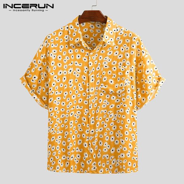 

men's casual shirts incerun summer men hawaiian shirt cotton short sleeve flower print blouse lapel beach 2021 camisas hombre streetwea, White;black